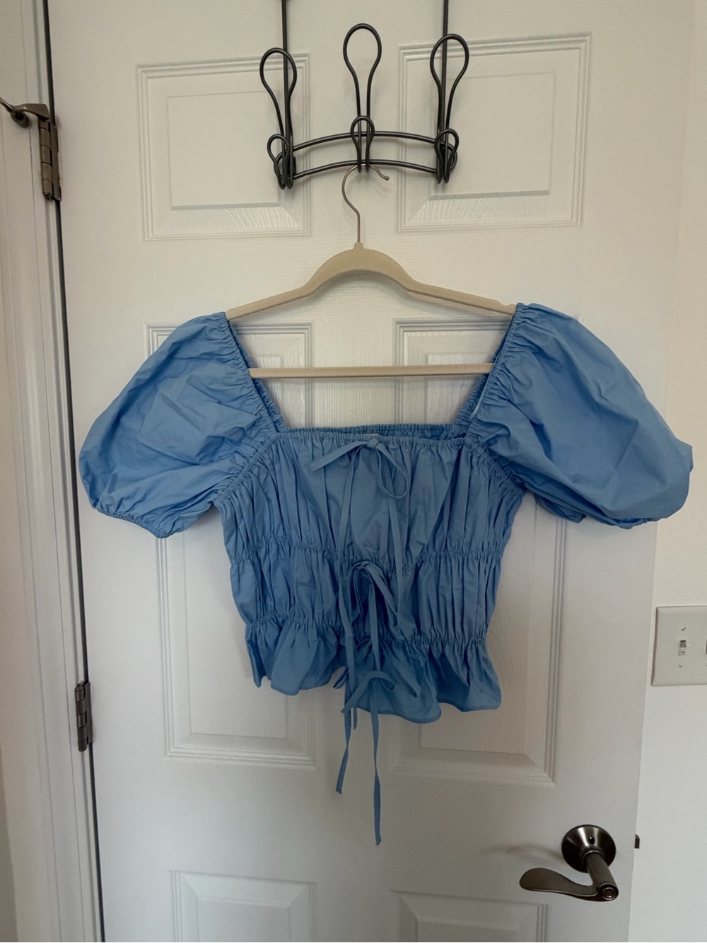 English Factory Light Blue Puff-Sleeve Smocked Peplum Top